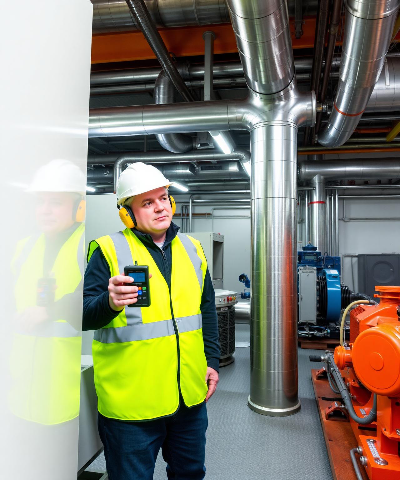 UK occupational hygienist in hi-vis vest, hard hat and ear defenders measuring noise with a handheld sound level meter beside large industrial compressors, generators and pumps inside a reflective mechanical plant room with control panels and ducting visible