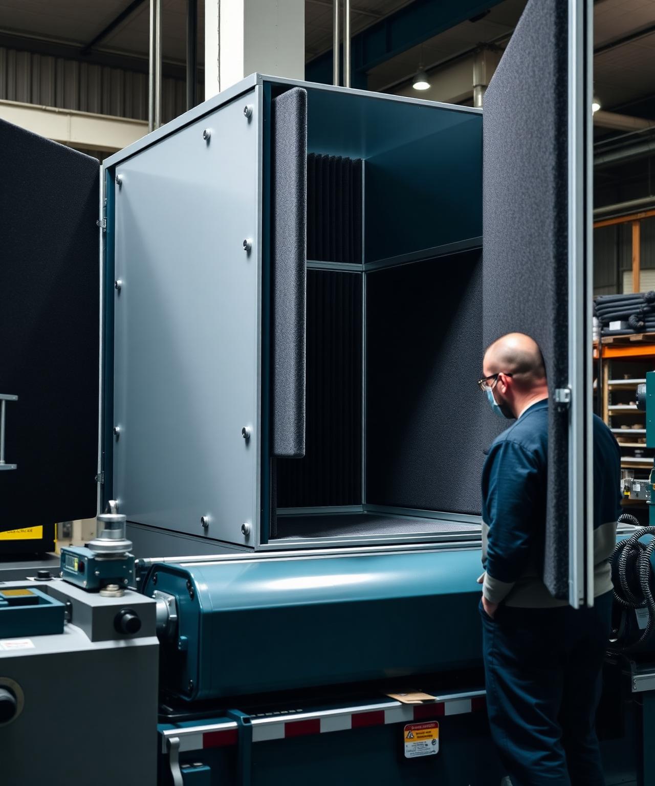 UK industrial setting with a partially enclosed production machine, acoustic absorbent ceiling panels and an engineer reviewing noise control measures with a clipboard