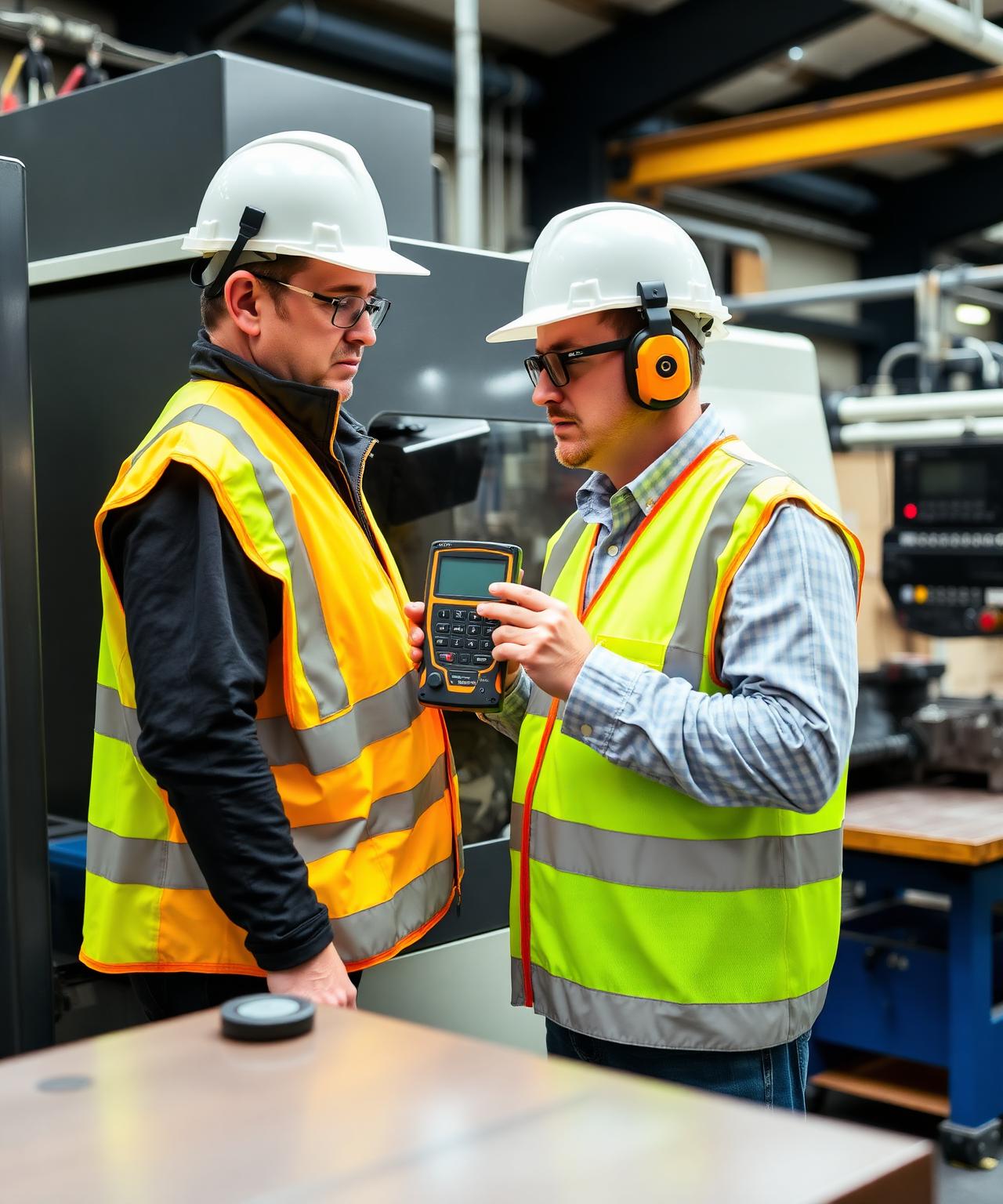 UK occupational hygienist in hi-vis vest, hard hat, safety glasses and ear defenders holding a calibrated sound level meter beside an operator position on a large industrial CNC machine, measuring at ear height with the machine running and an operator in PPE working nearby in a manufacturing facility
