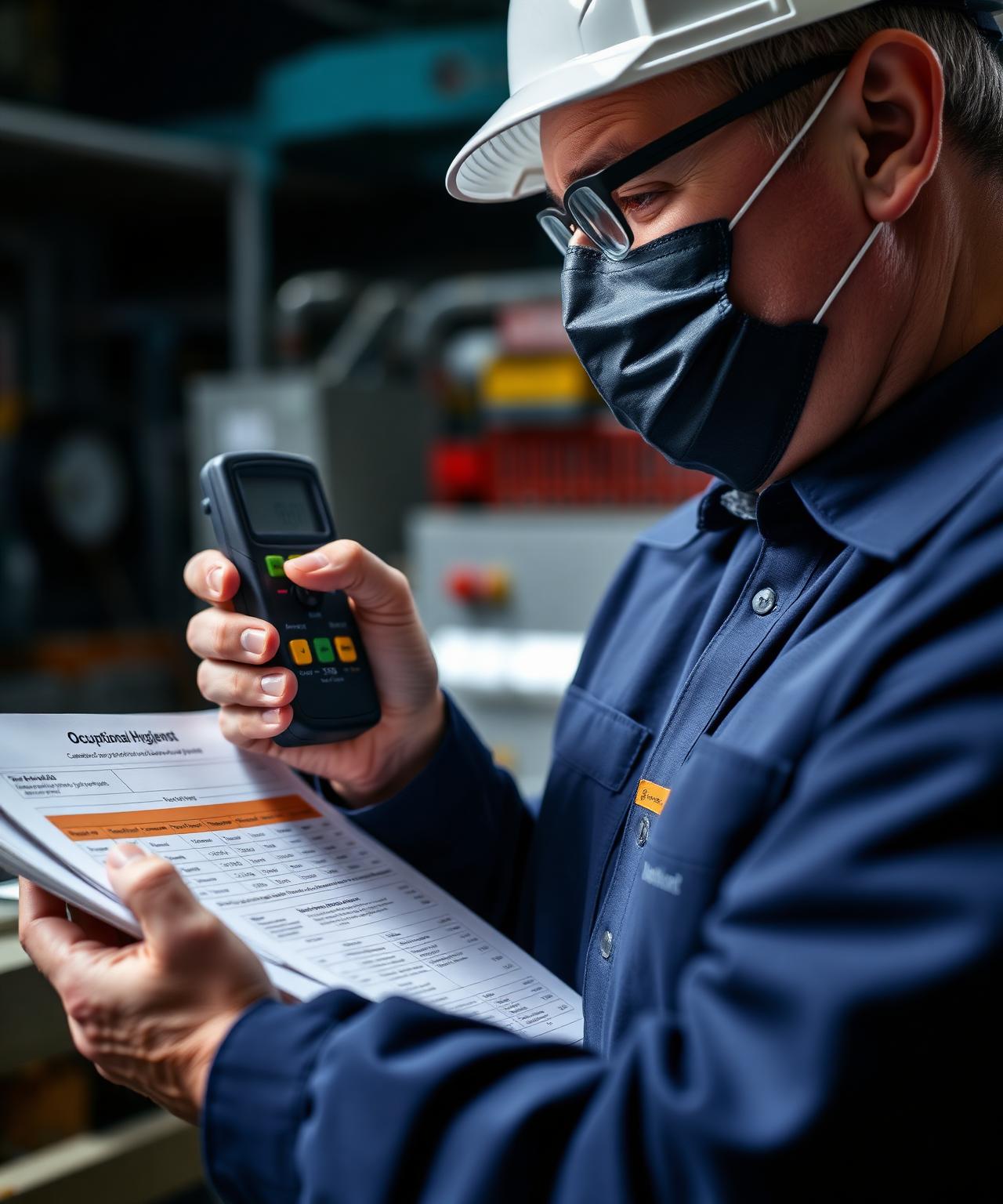 UK occupational hygienist reviewing workplace noise exposure data with a calibrated sound-level meter and printed action-value reference records in an industrial workplace