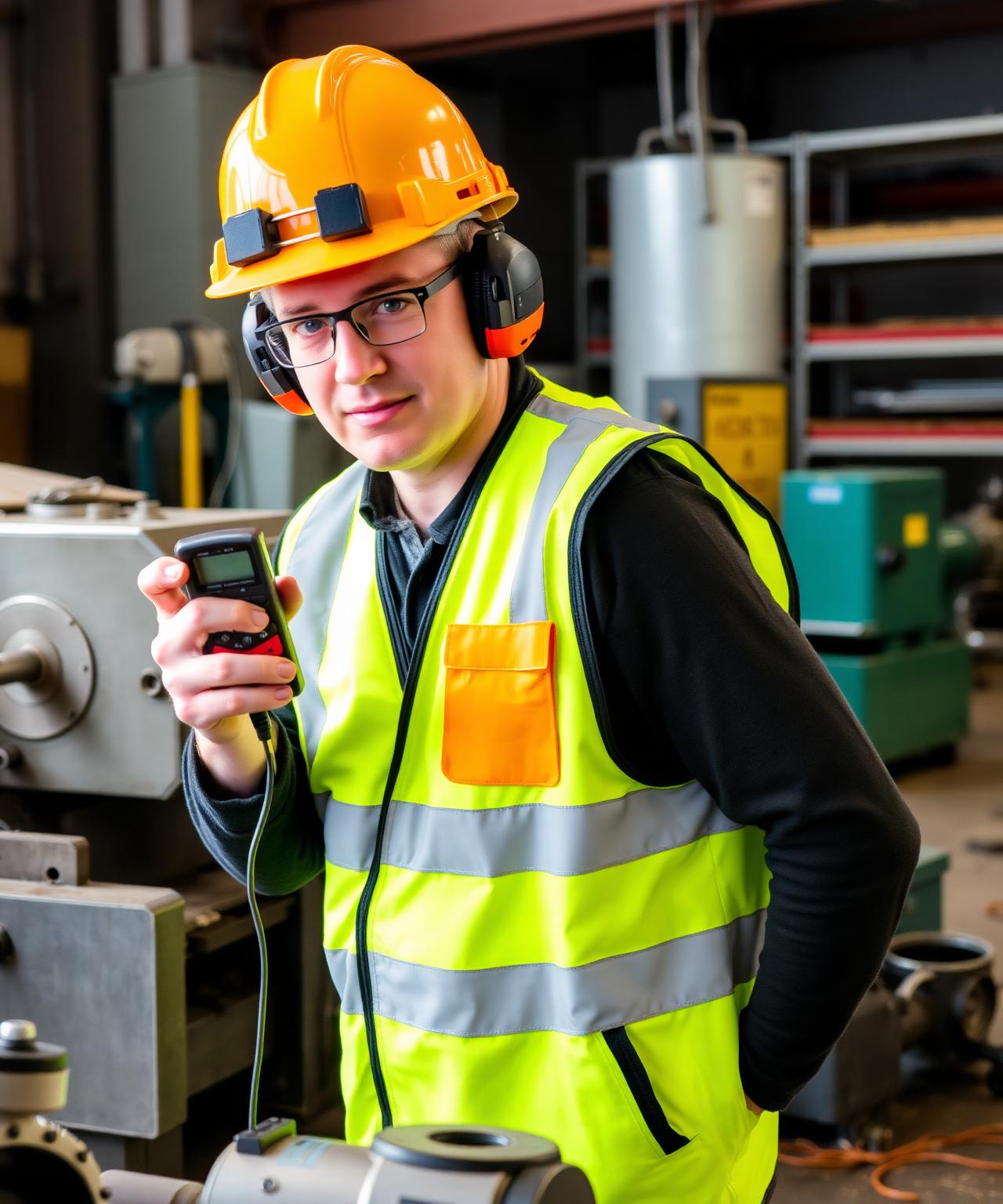 UK occupational hygienist in hi-vis vest, hard hat, safety glasses and ear defenders measuring noise with a calibrated handheld sound level meter beside a lathe in an active engineering workshop with metal swarf, tool racks and fabrication equipment in the background