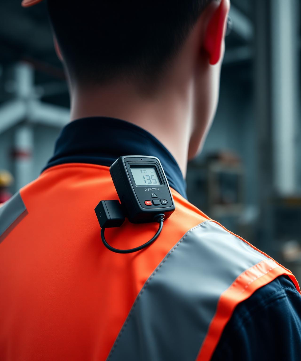Close view of a personal noise dosimeter clipped to the shoulder of a worker's hi-vis vest, with the microphone positioned near the hearing zone in a UK industrial workplace