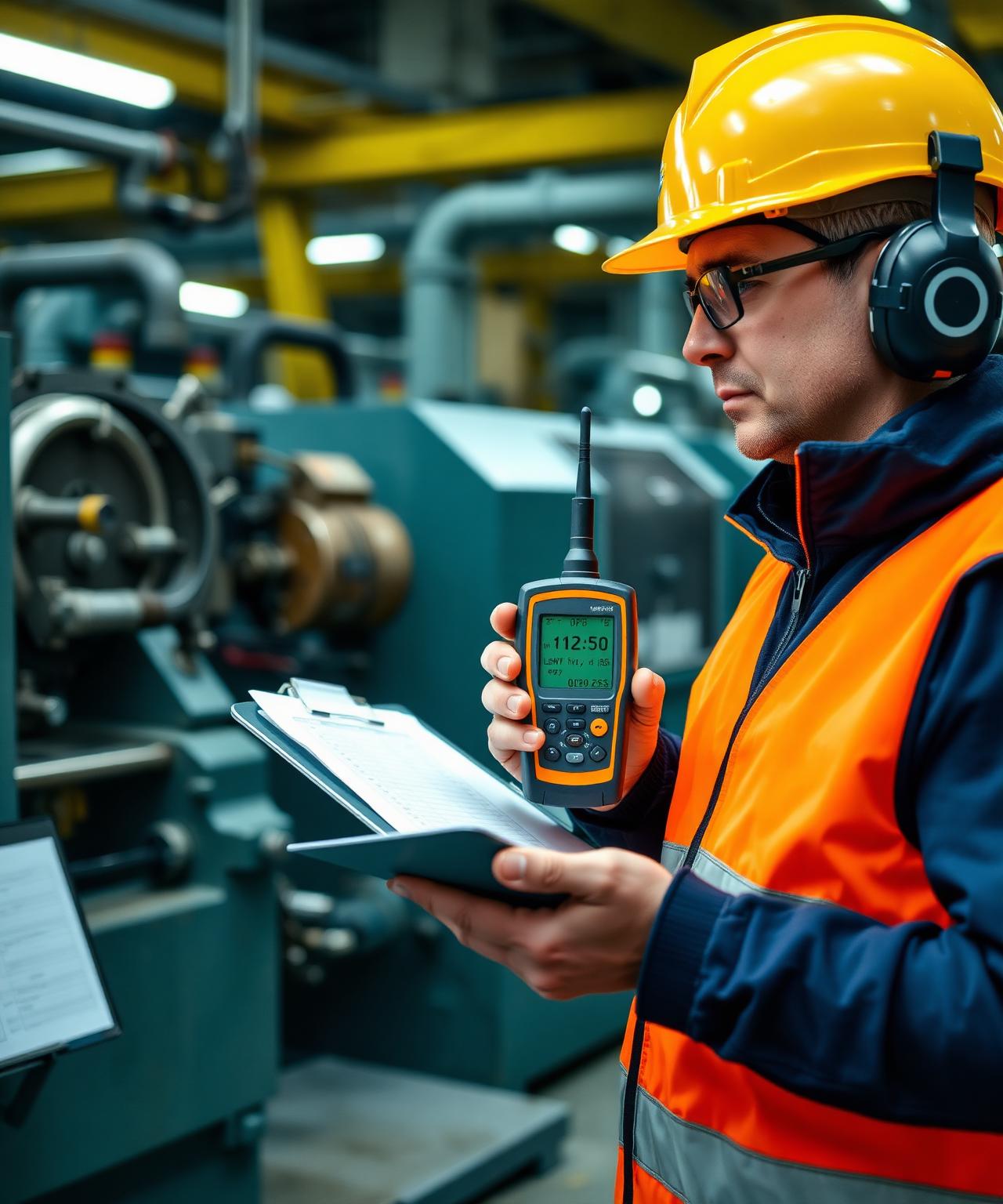 UK occupational hygienist using a calibrated handheld integrating sound-level meter close to operating industrial machinery, with a clipboard of activity records and ear defenders, during a workplace noise measurement