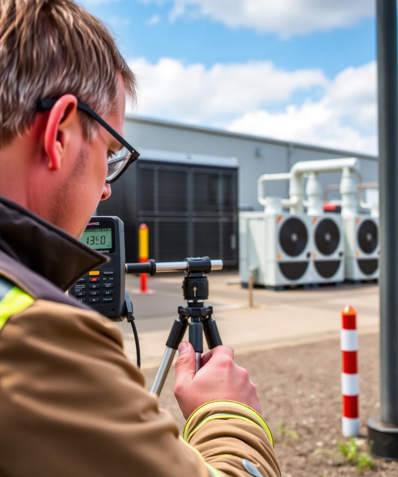 Acoustic consultant performing a BS 4142 industrial and commercial noise assessment at the boundary of a UK manufacturing facility using a calibrated outdoor sound level meter on a tripod with industrial chillers and HVAC plant visible