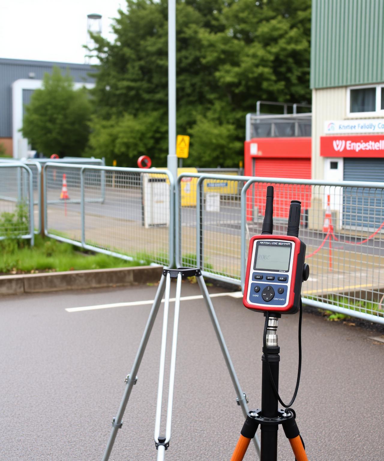 Environmental noise monitoring station with tall tripod, weatherproof microphone and outdoor sound level meter set up at the perimeter of a UK industrial site near commercial buildings under overcast British weather