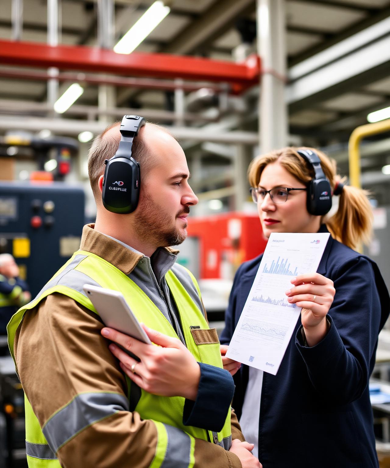 UK factory worker wearing high-performance ear defenders alongside an occupational health professional reviewing an audiogram chart in a structured hearing conservation programme