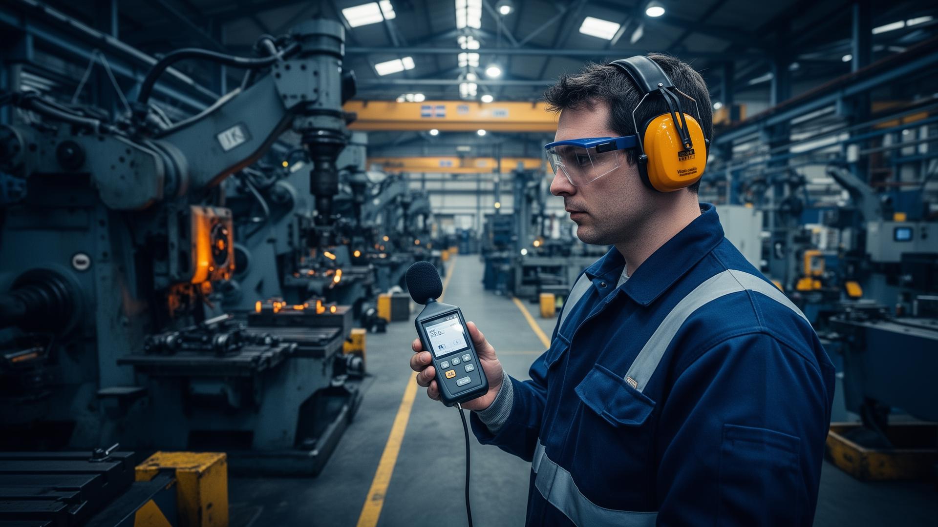 Occupational hygienist taking a noise level measurement in a UK manufacturing factory