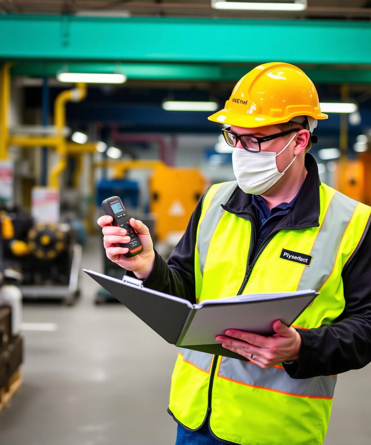 UK occupational hygienist in PPE conducting an HSE-aligned workplace noise assessment on a busy factory floor with a calibrated Class 1 sound level meter