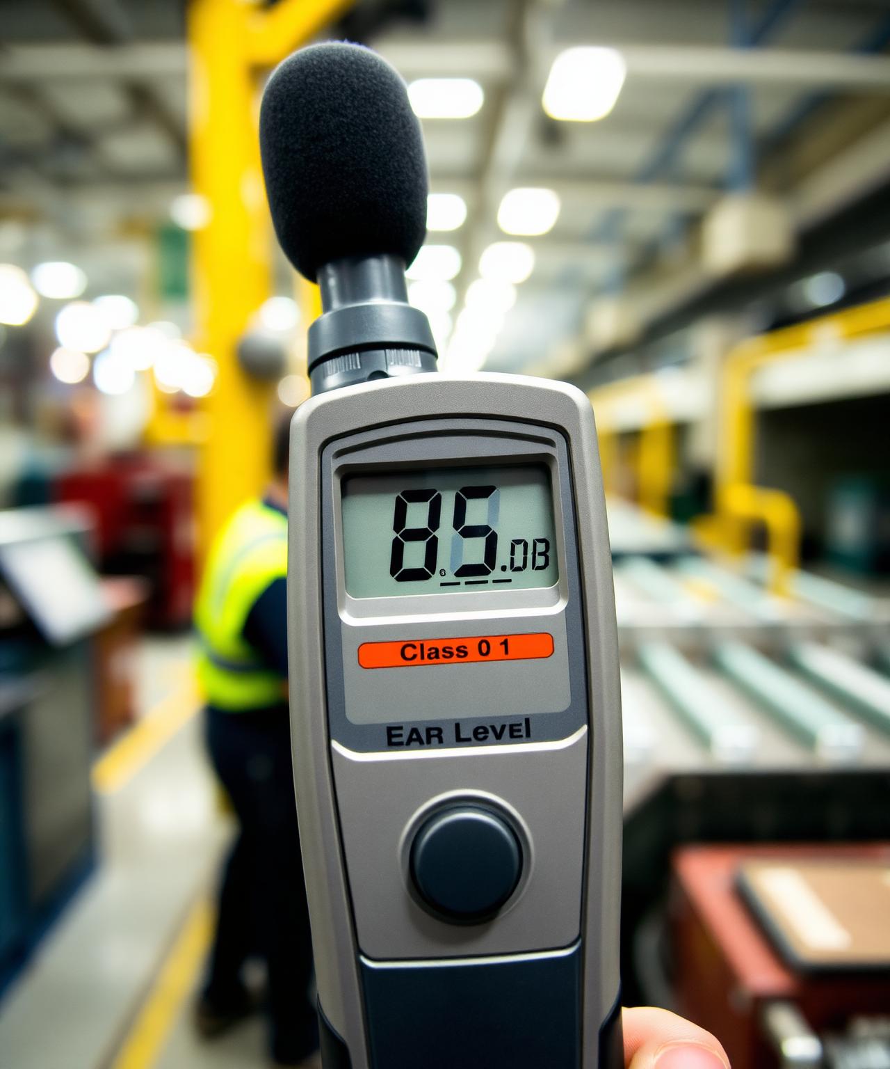 Close-up of a Class 1 sound level meter reading 85 dB at ear height on a UK manufacturing shop floor with workers operating machinery behind
