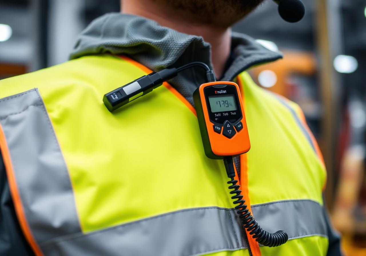 Personal noise dosimeter clipped to a worker's hi-vis vest