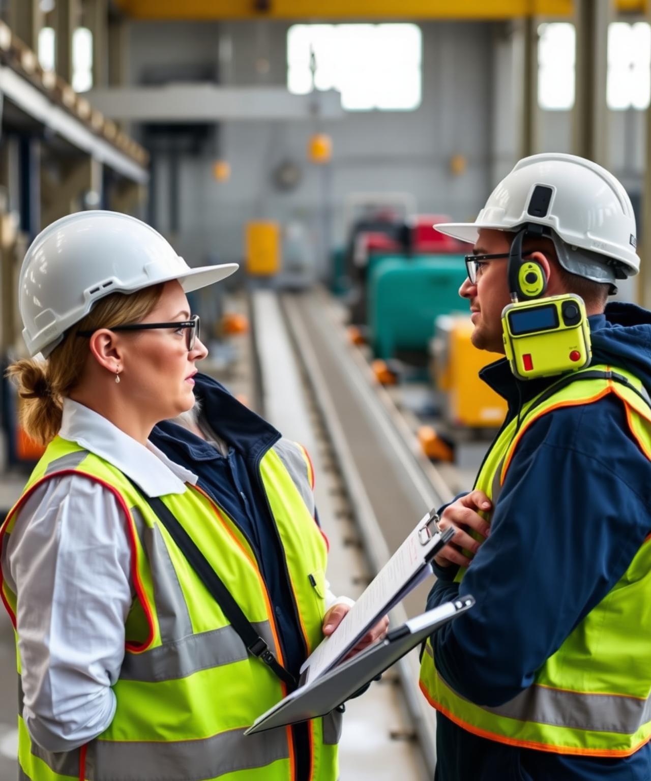 UK occupational hygienist with a clipboard reviewing personal noise exposure data alongside a factory worker wearing a calibrated shoulder-mounted noise dosimeter on an industrial production line