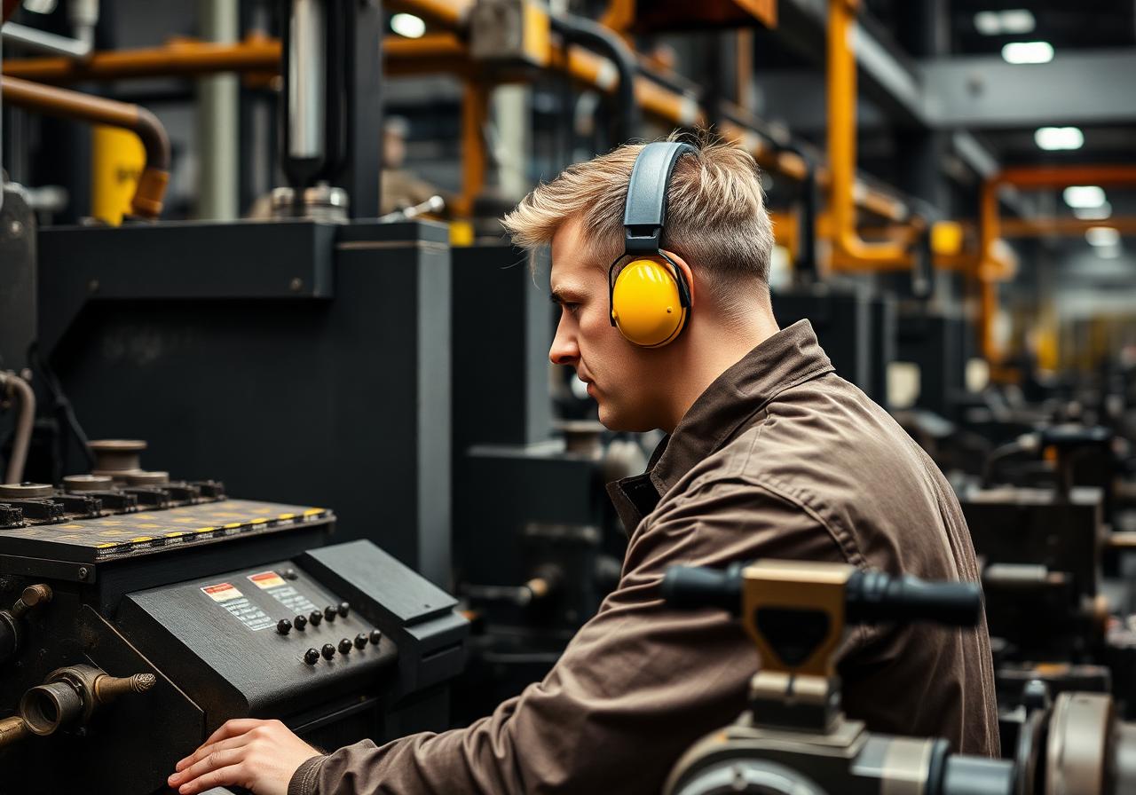 Worker wearing ear defenders operating production machinery in a UK factory