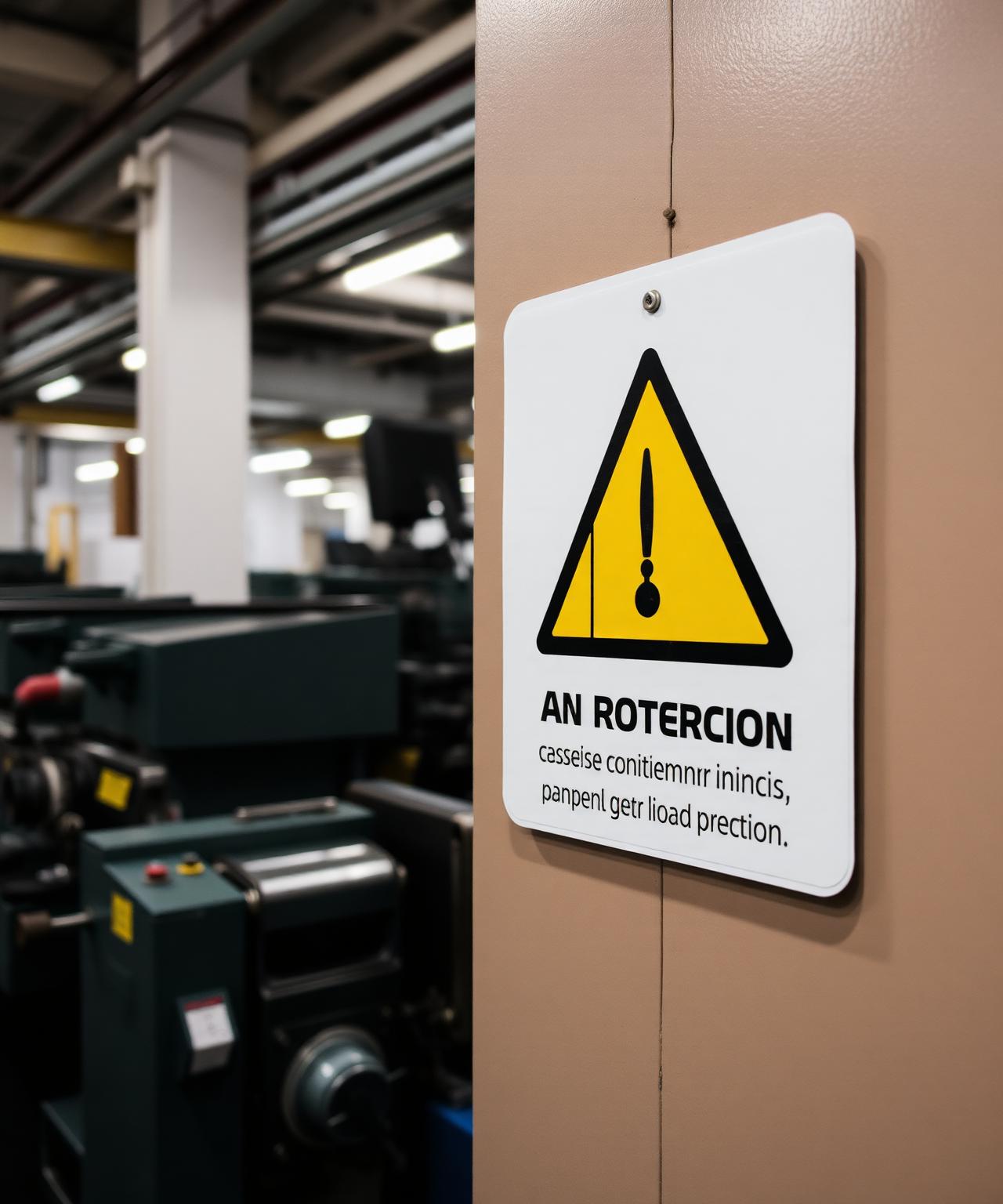 Industrial workplace warning sign for compulsory ear protection on a factory wall beside loud production machinery — preventing noise-induced hearing loss