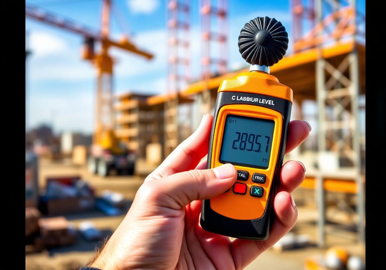 Calibrated sound level meter measuring decibels on a construction site