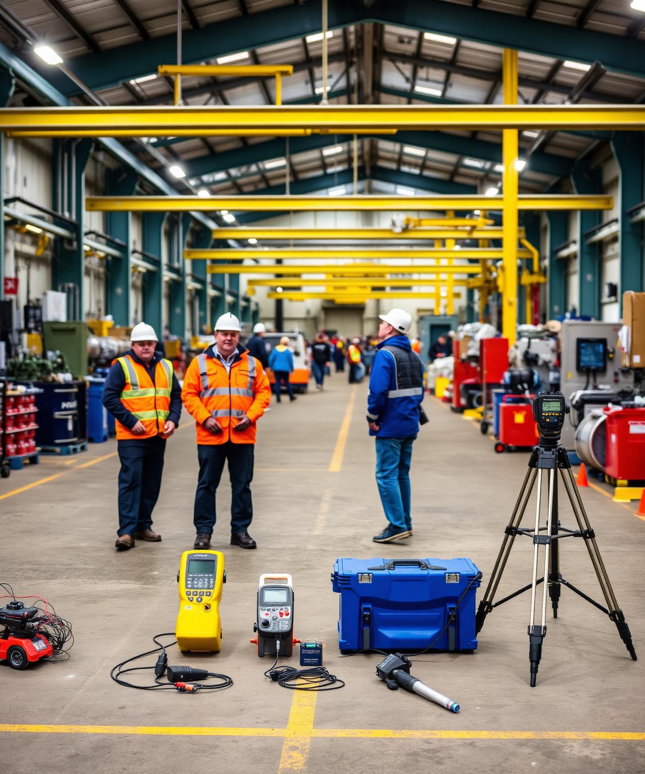 Wide overview of a UK occupational noise survey team with sound level meters, personal noise dosimeters, tripods and calibration equipment laid out in front of a busy manufacturing facility