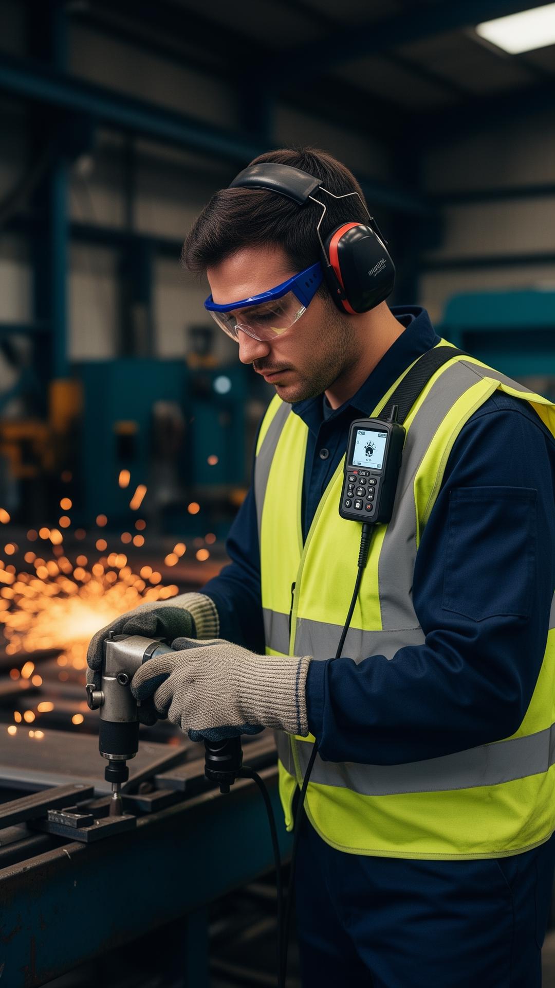 UK industrial worker wearing a shoulder-mounted personal noise dosimeter positioned in the hearing zone while operating a pneumatic tool in a metal fabrication workshop, with high-visibility PPE, safety glasses and ear defenders