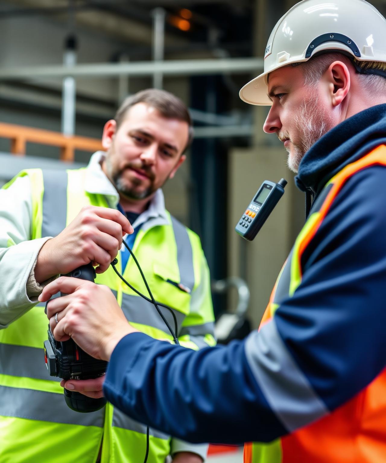 Occupational hygienist attaching a hand-arm vibration sensor to a power tool and a personal noise dosimeter to a UK construction worker — dual hazard assessment