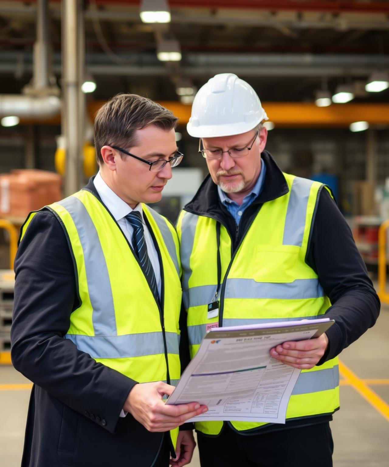 UK workplace noise consultant in business-smart attire with hi-vis vest conferring with a health and safety manager over noise assessment reports on a tablet with factory floor visible in the background