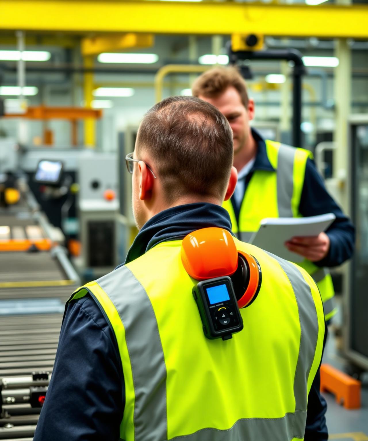 UK factory worker in hi-vis vest wearing a shoulder-mounted personal noise dosimeter on a production line, with an occupational hygienist observing tasks and recording activity notes in the background