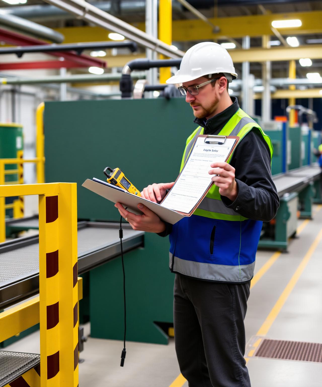 UK occupational hygienist in PPE completing a workplace noise risk assessment form on a clipboard beside a noisy production line
