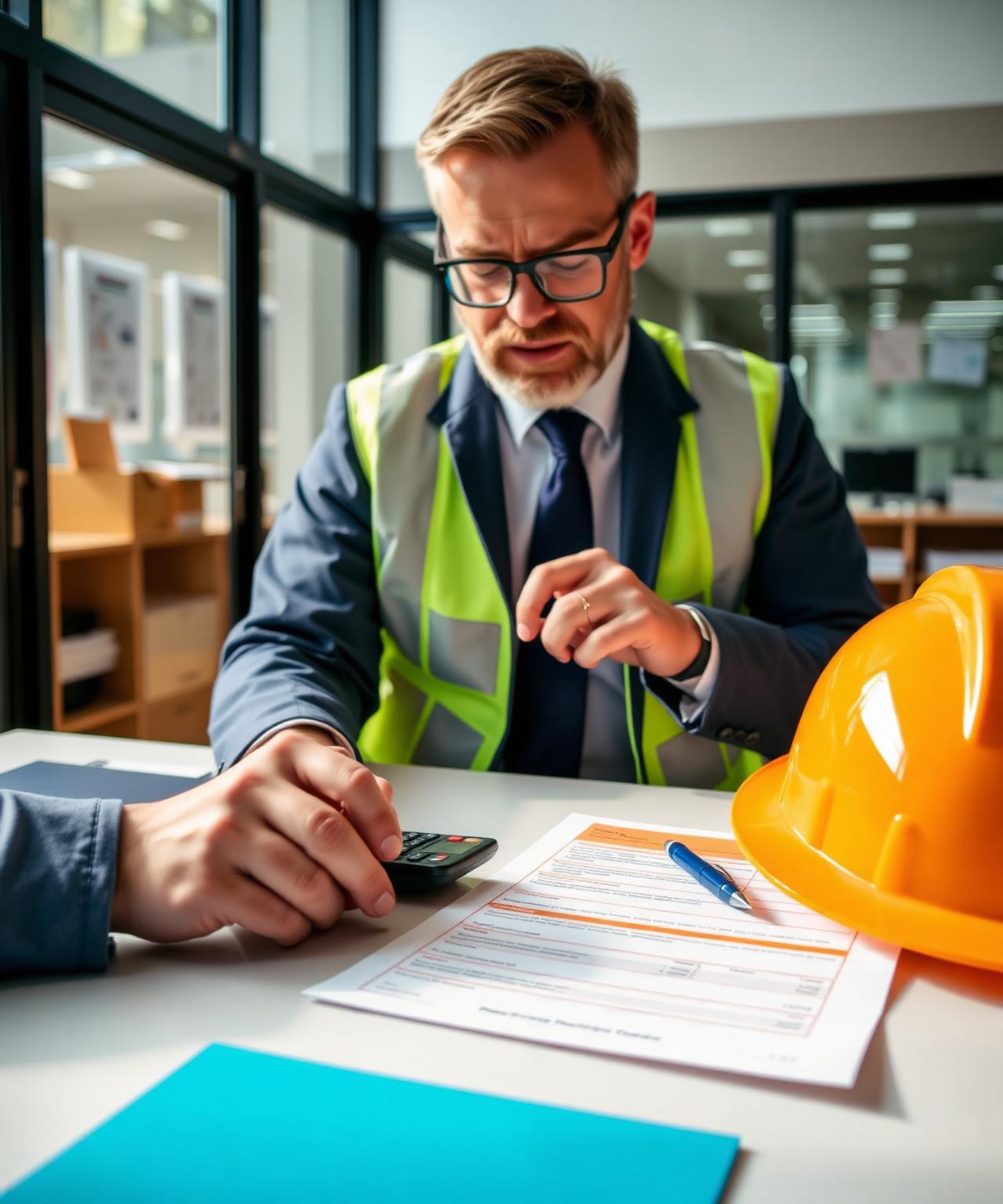 Health and safety manager reviewing a UK workplace noise survey quotation document on a desk with calculator, hard hat and pen in a modern office