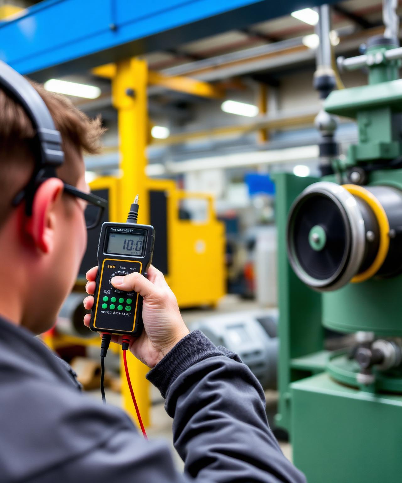 Acoustic technician holding a precision sound level meter conducting workplace sound testing inside a UK manufacturing facility, taking sound pressure level readings beside operating machinery